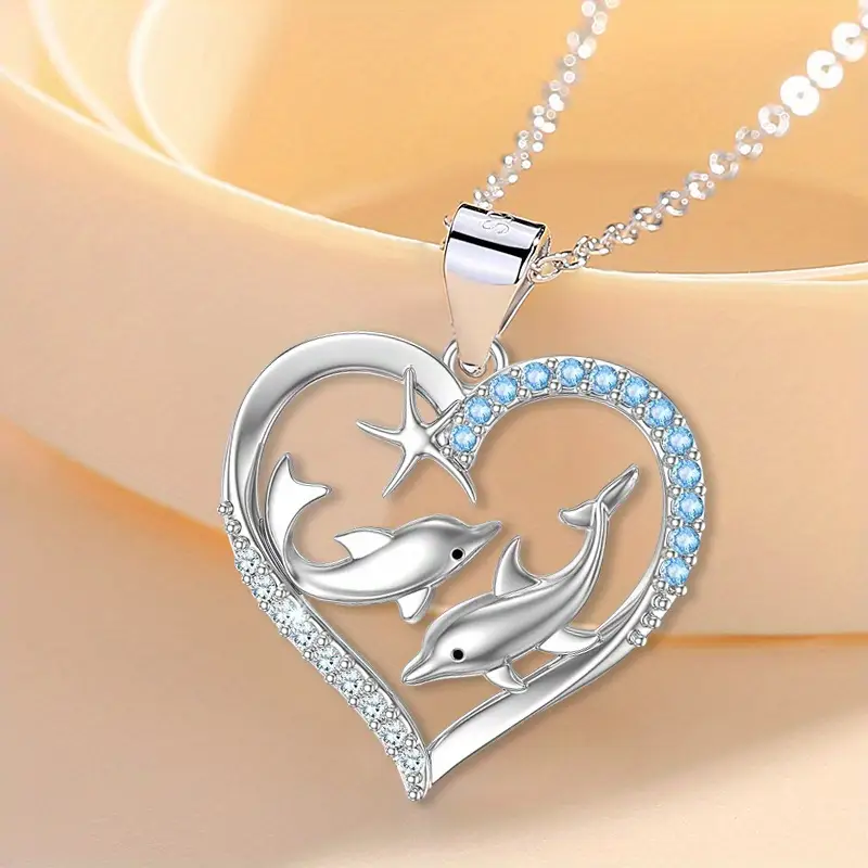 Bright Silver-Tone Twin Dolphin Heart Necklace