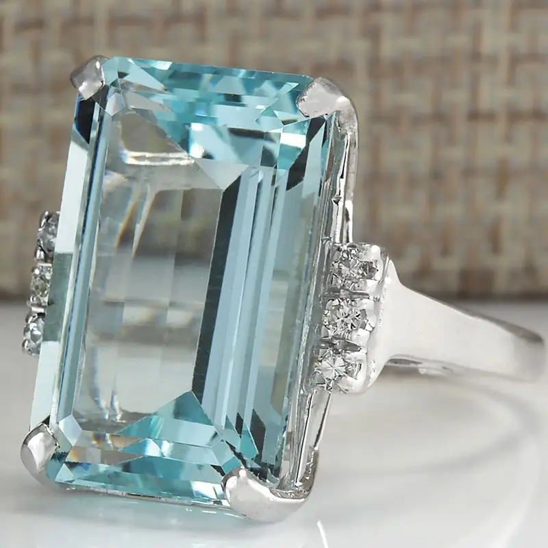 Emerald-Cut Aqua Glass Statement Ring in Silver Tone