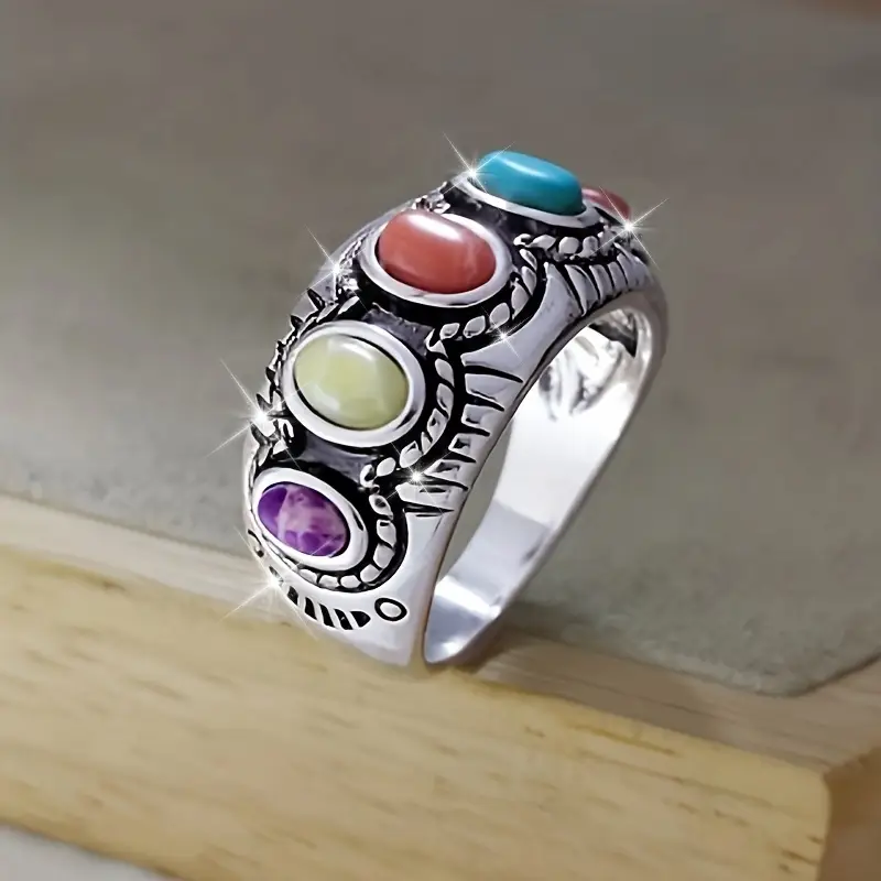Silver-Tone Colourful Inlaid Stones Ring