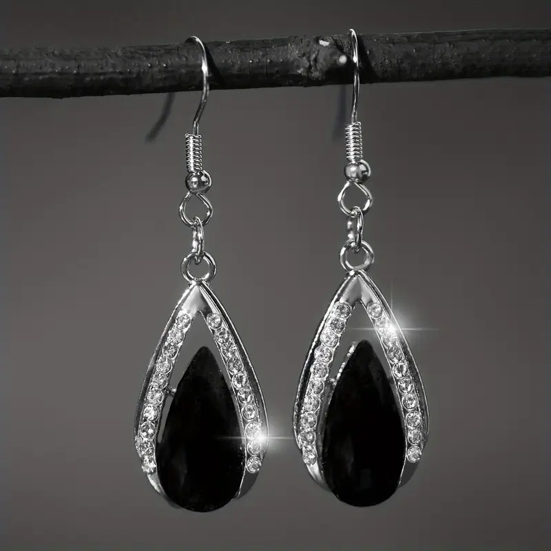 Vintage-Style Black Drop Silver-Tone Earrings