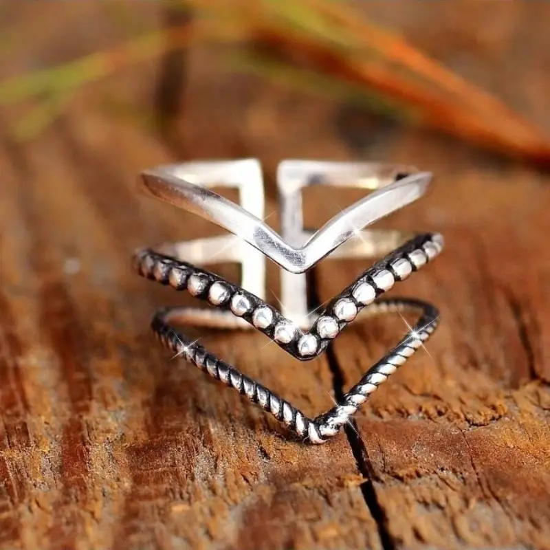 Layered Pointed Bead Silver-Tone Ring