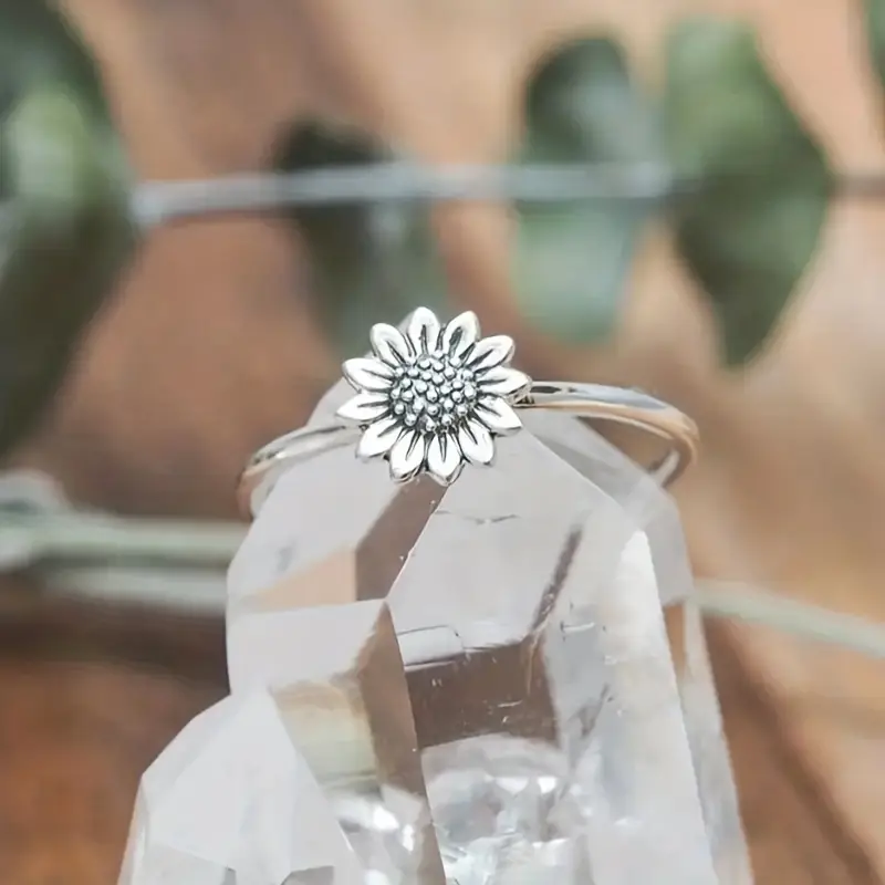 Silver-Tone Sunflower Ring with Crystal Centre