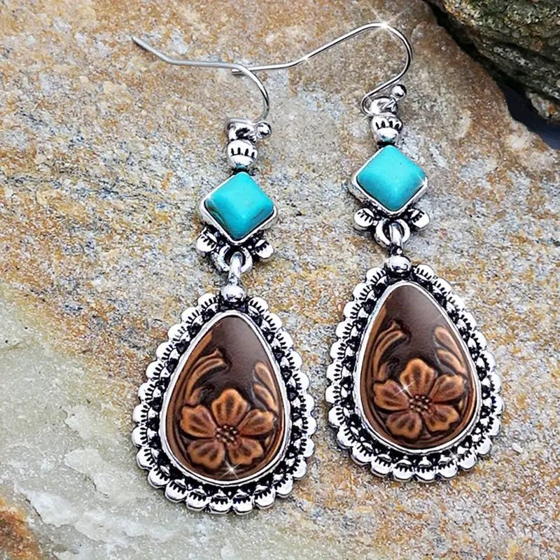 Blue Stone Flower Drop Silver-Tone Earrings