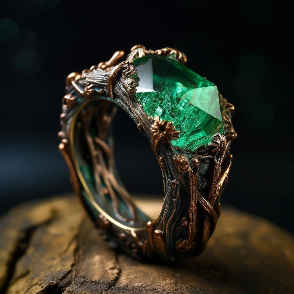 Sierlijke ring met smaragdlook in antiek goudkleurige zetting