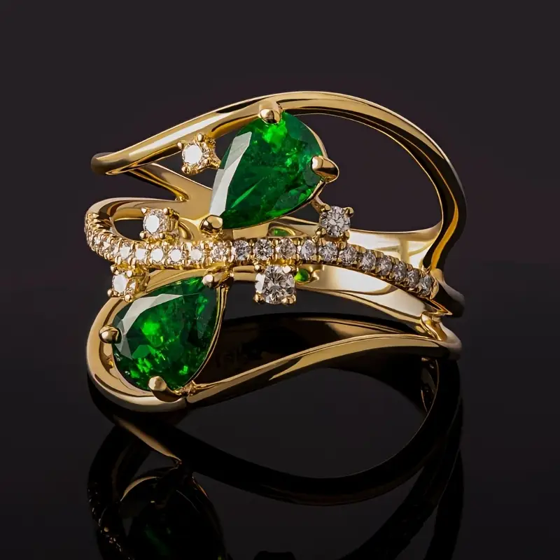 Double Drop Green Crystal Gold-Tone Ring