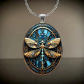 Blue Dragonfly Oval Pendant Necklace