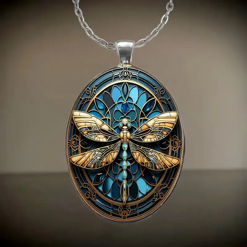 Blue Dragonfly Oval Pendant Necklace