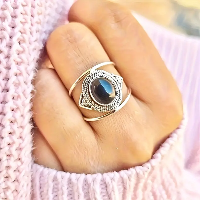 Black Stone Silver-Tone Orbit Ring