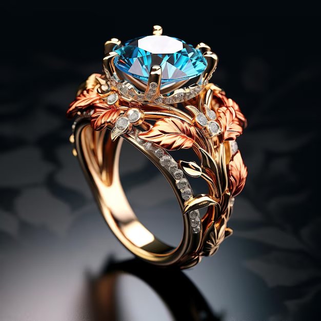 Goudkleurige bladring met blauwe zirkonia