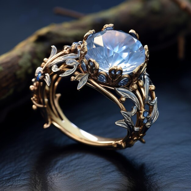 Goudkleurige ring met blauw glas en exotisch ontwerp