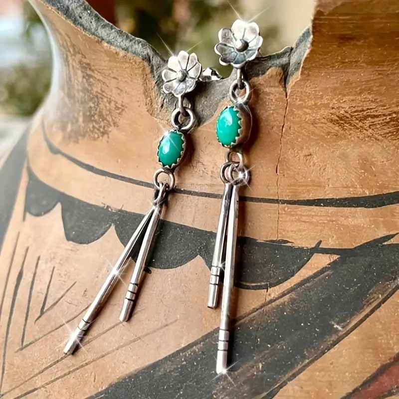 Turquoise Flower Silver-Tone Dangle Earrings