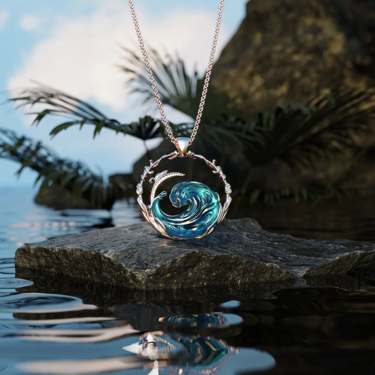 Ocean Wave Blue Stone Pendant Necklace