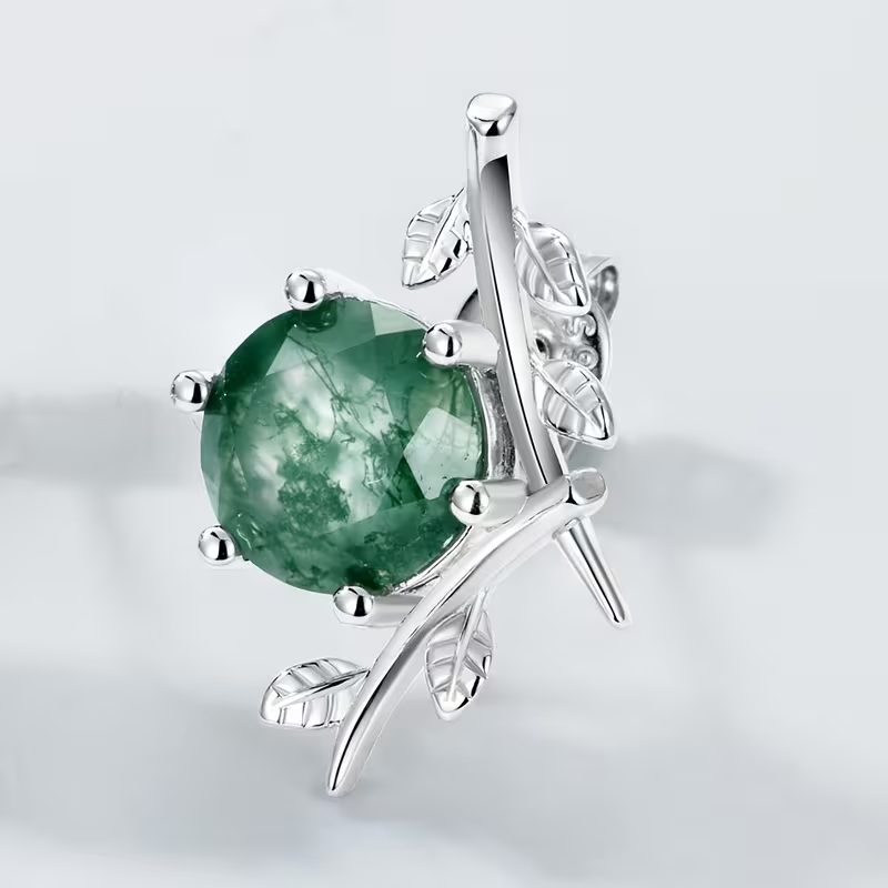 Moss Agate Silver-Tone Leaf Stud Earrings