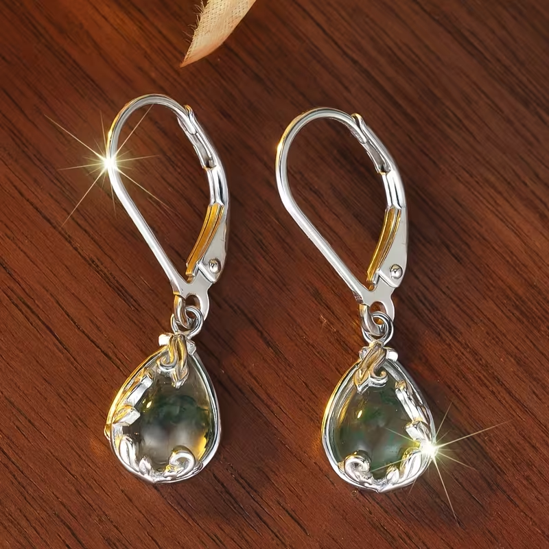 Round Moss Agate Drop Earrings