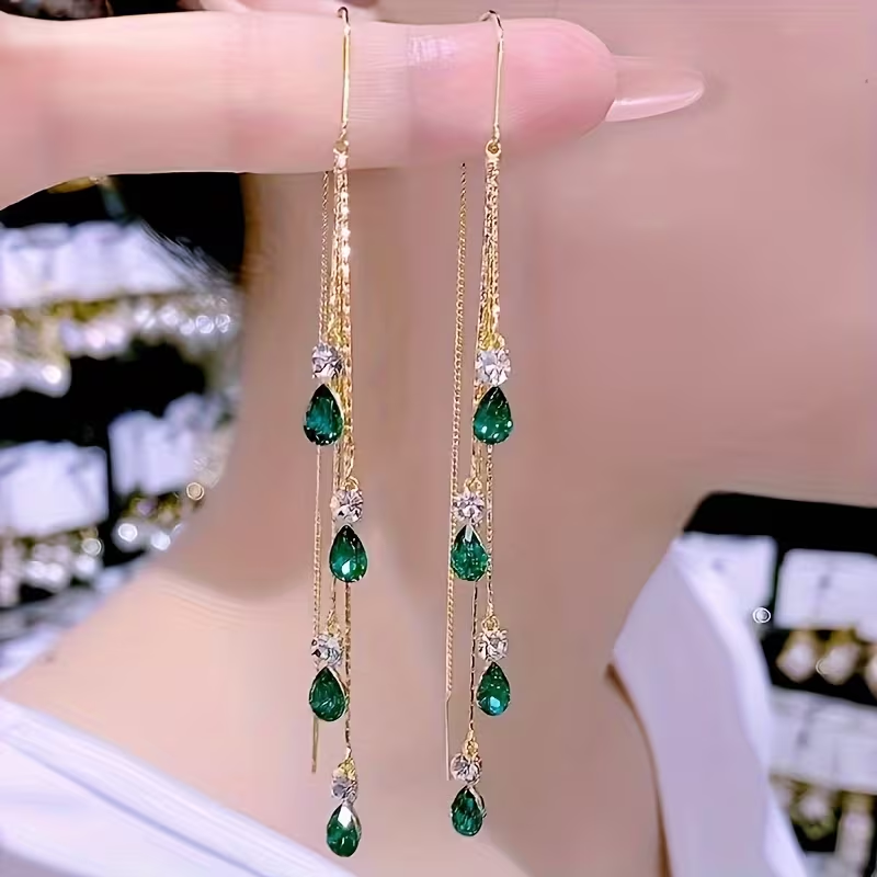 Rhinestone Droplet Tassel Earrings