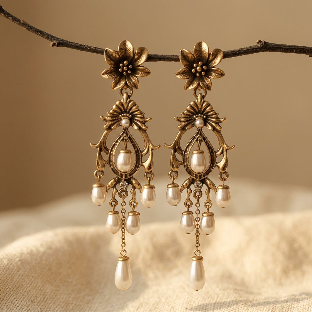 Brincos Pendentes Flor com Borla de Pérolas Sintéticas Estilo Vintage