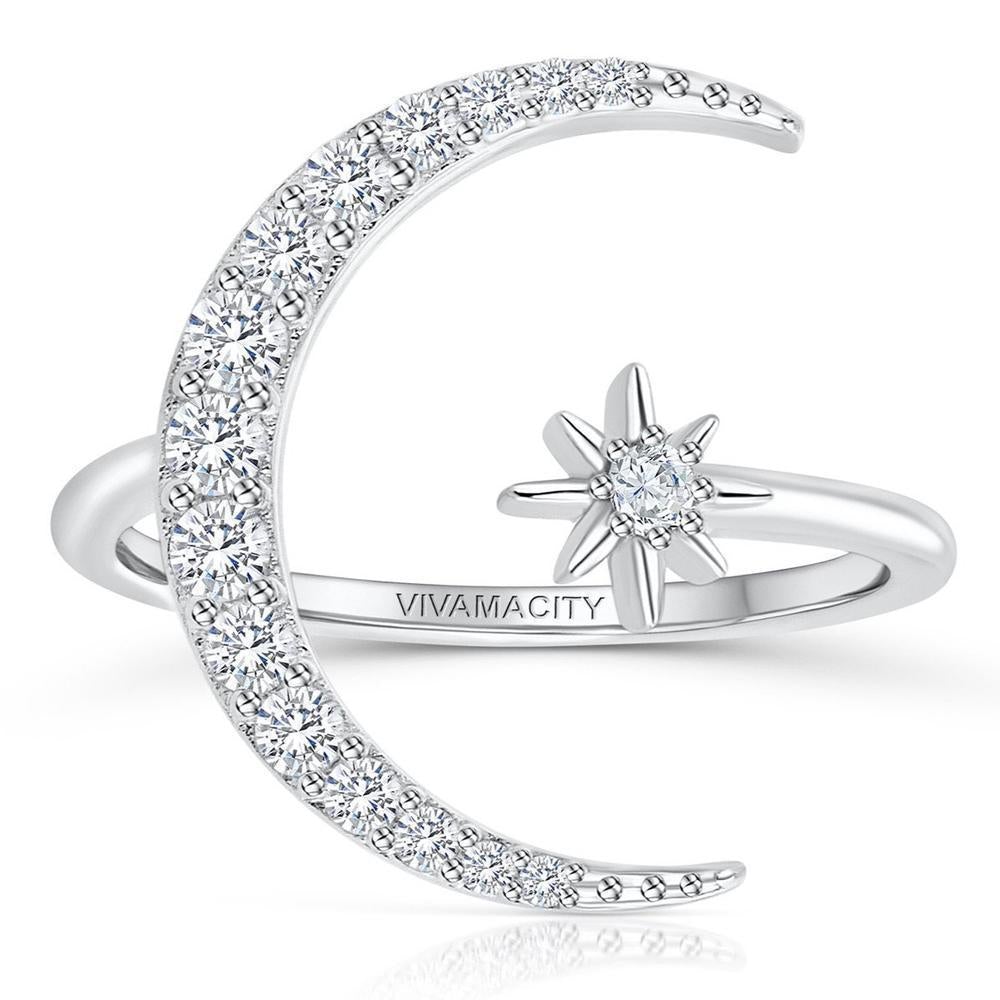 Silver-Tone Moon and Star Ring