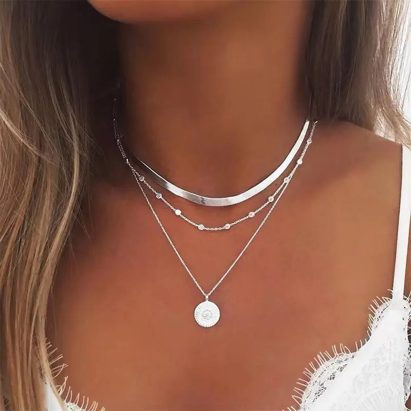 Vintage gelaagde verzilverde ketting met schijf