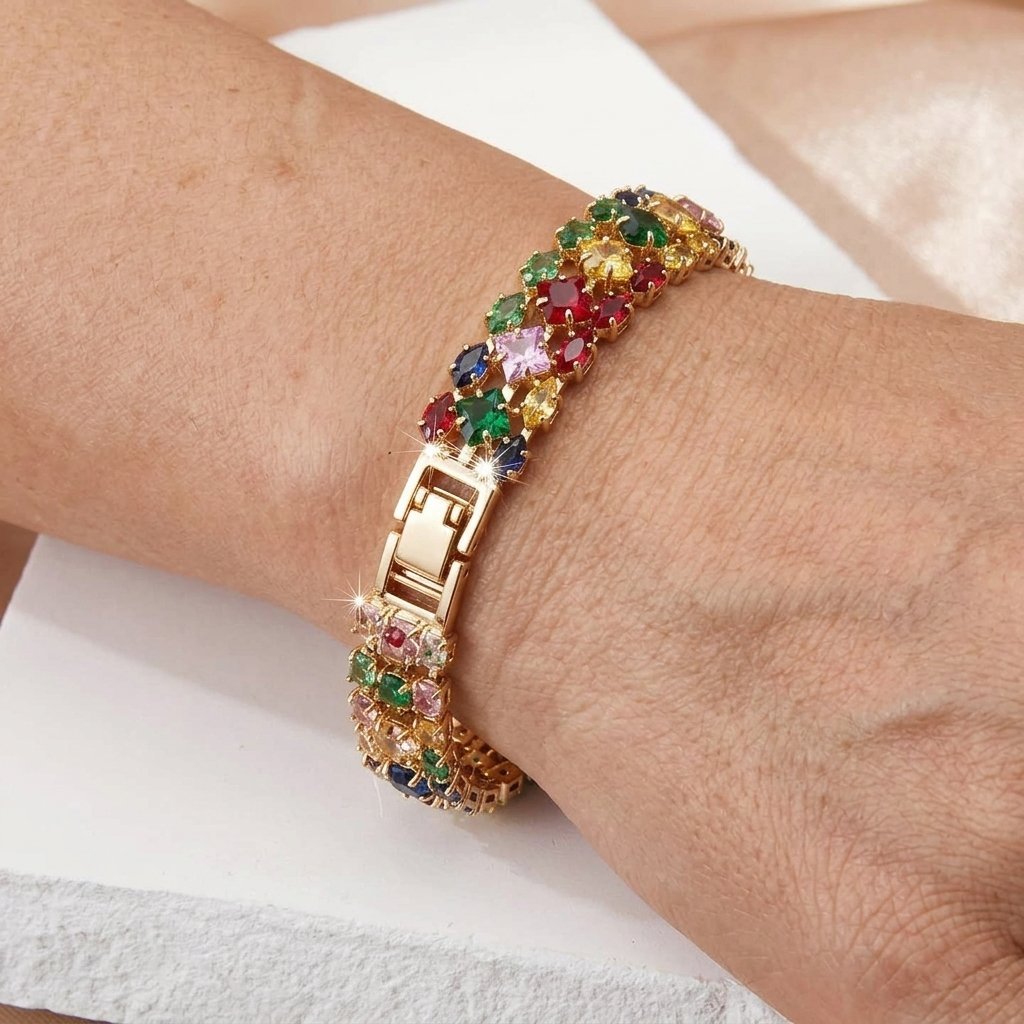 Schakelarmband met clusters van veelkleurige kristallen
