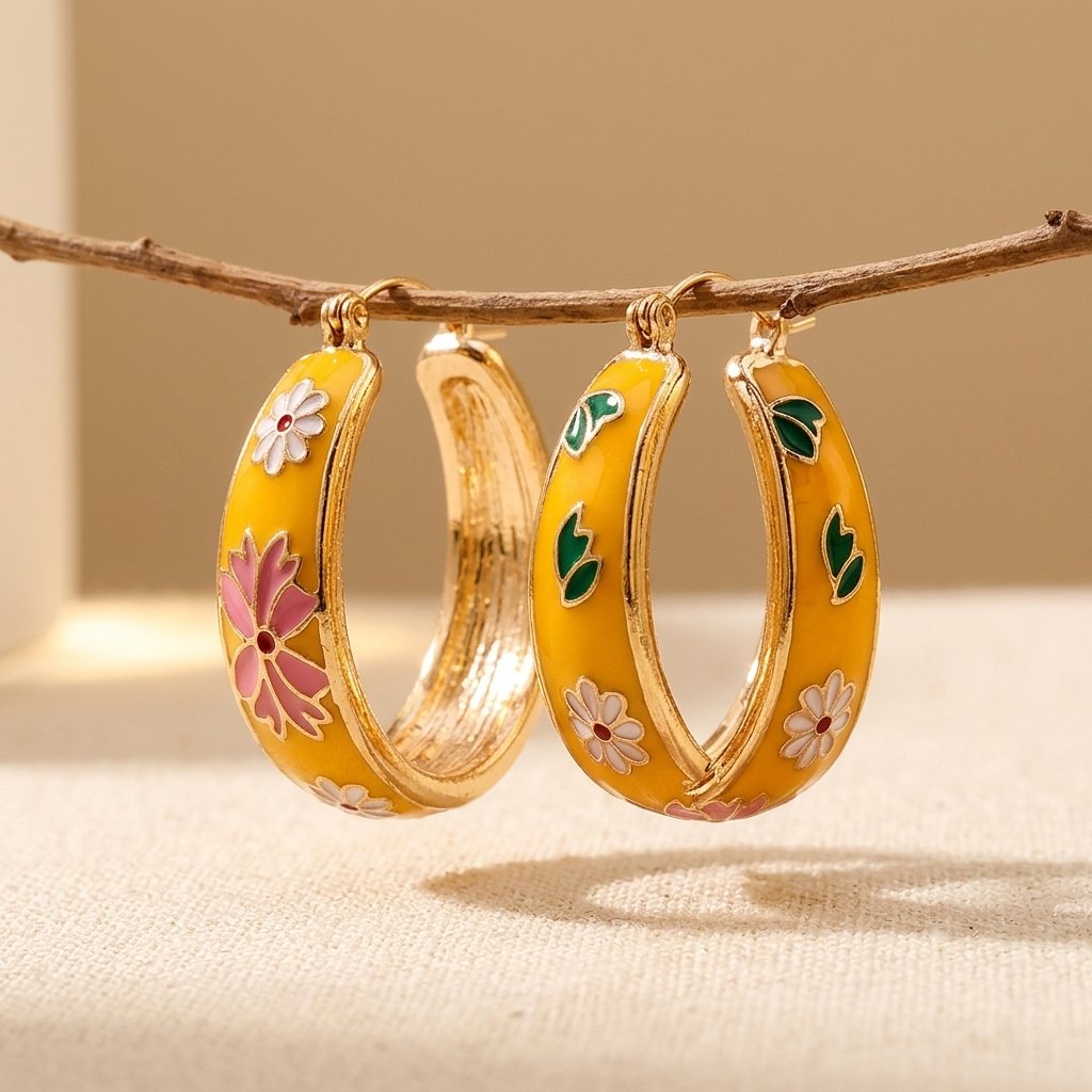Vintage-Inspired Enamel Flower Hoop Earrings with Frame