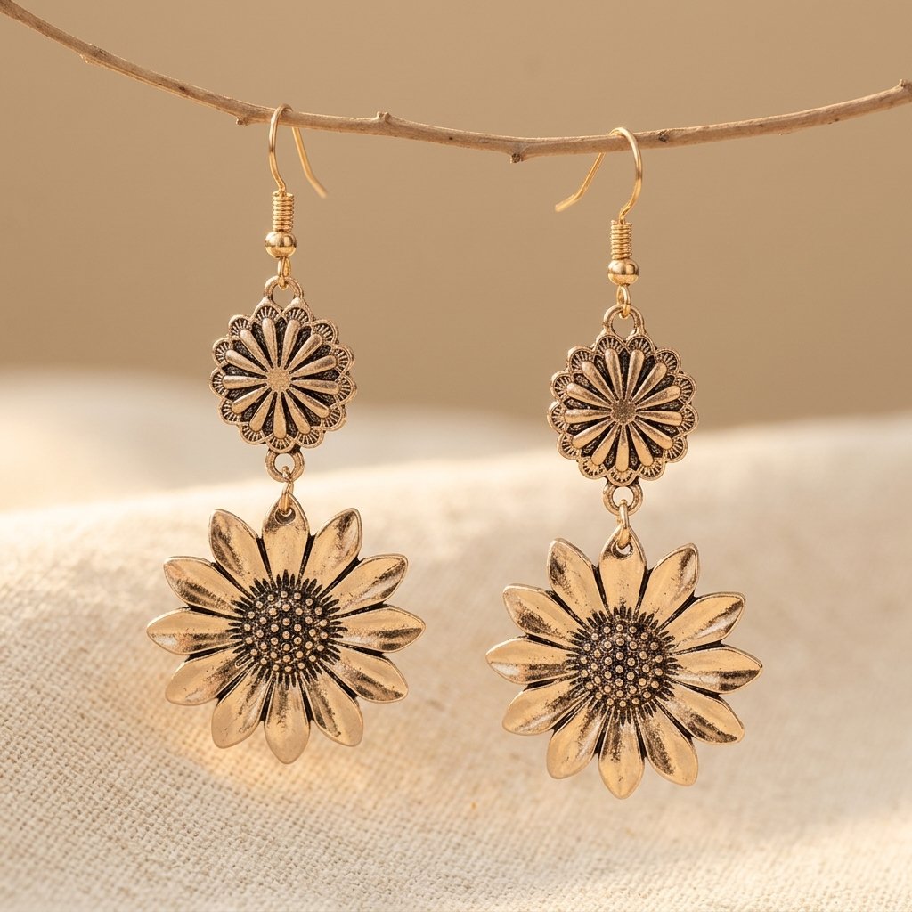 Vintage-Style Silver-Tone Sunflower Dangle Earrings