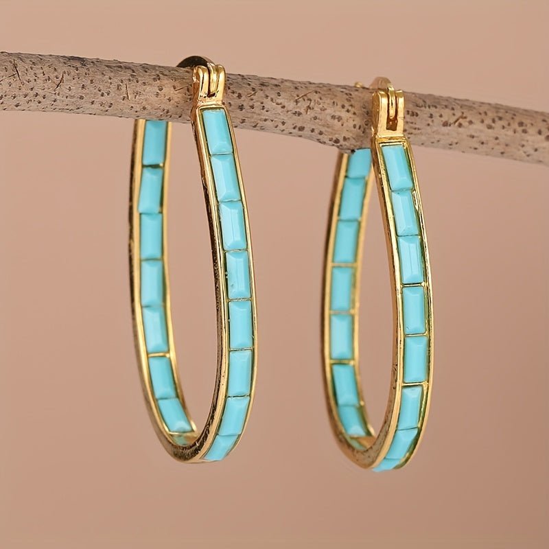 U-Shaped Synthetic Turquoise Oval Hoop Earrings