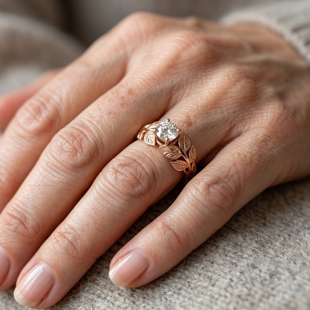 Koperkleurige ring met handgesneden bloemen
