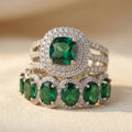Cushion Emerald-Look Double Halo Bridal Ring Set