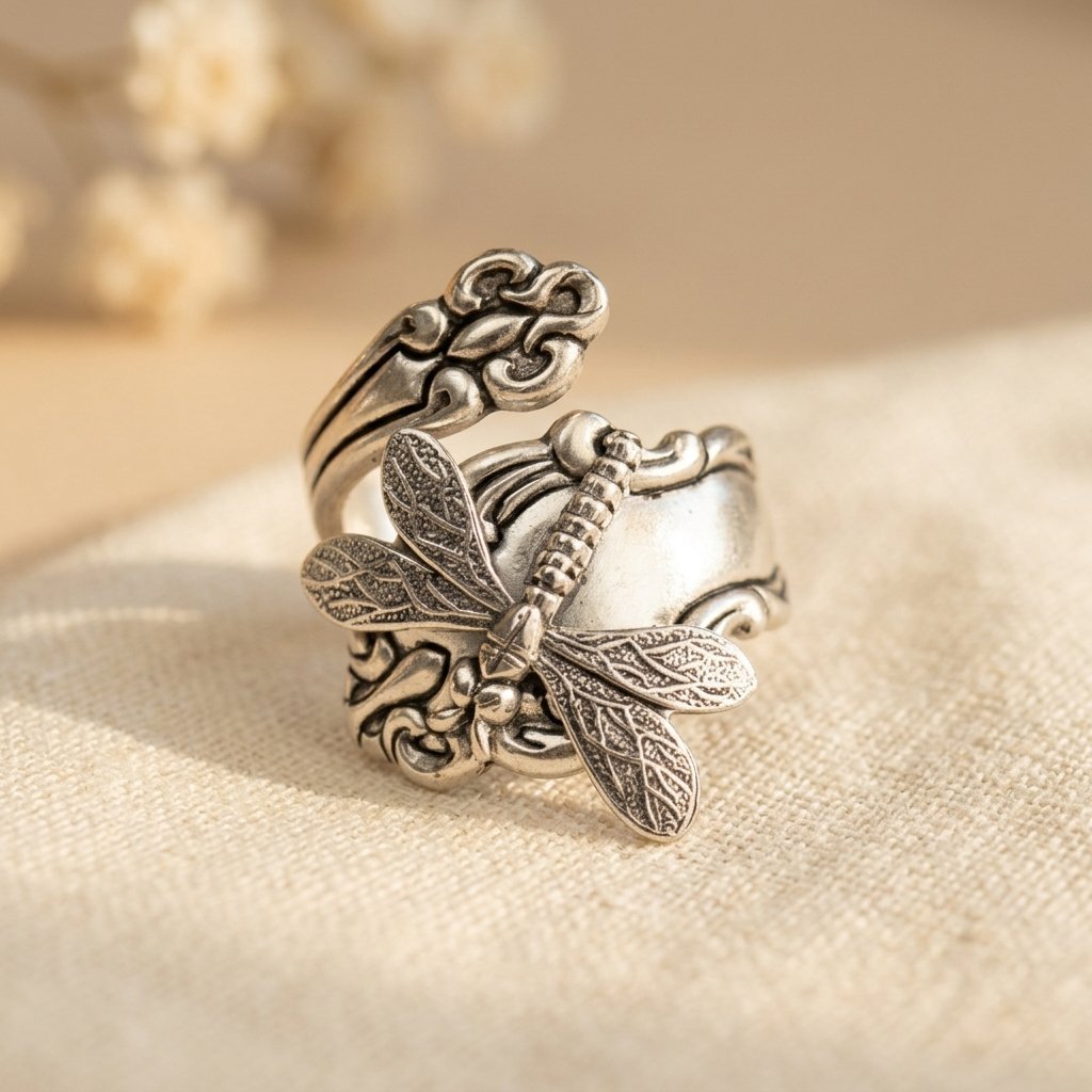 Bohemian Dragonfly Spoon Ring in Antique Silver Tone