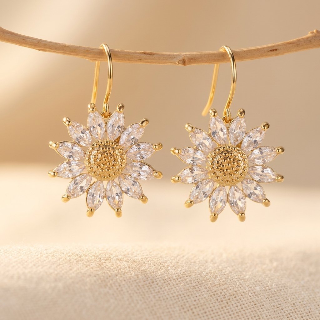 Silver-Tone Sunflower Dangle Stud Earrings