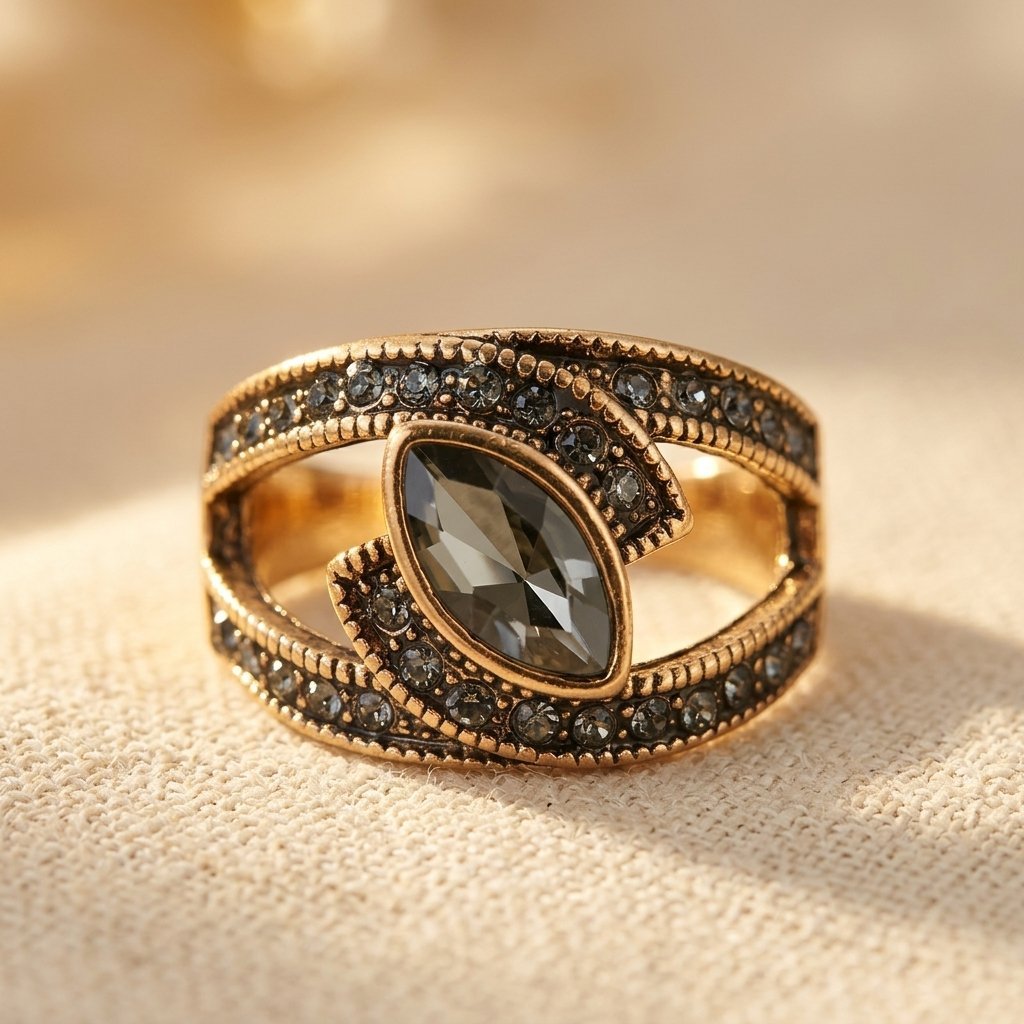 Crossover Ring with Black Marquise Crystal and Pavé Band