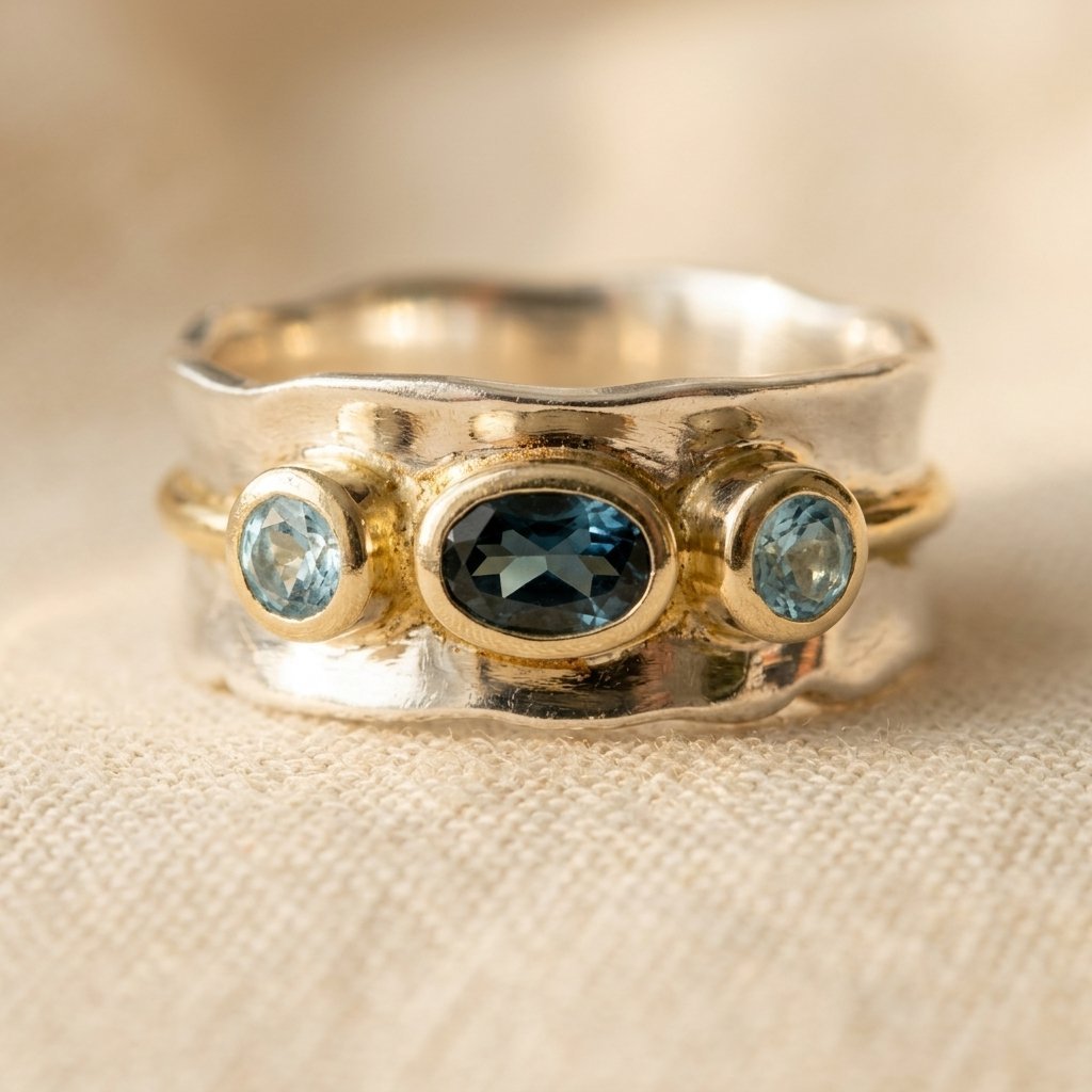 Gold-Tone Band Ring with Blue and Aqua Inlaid Stones