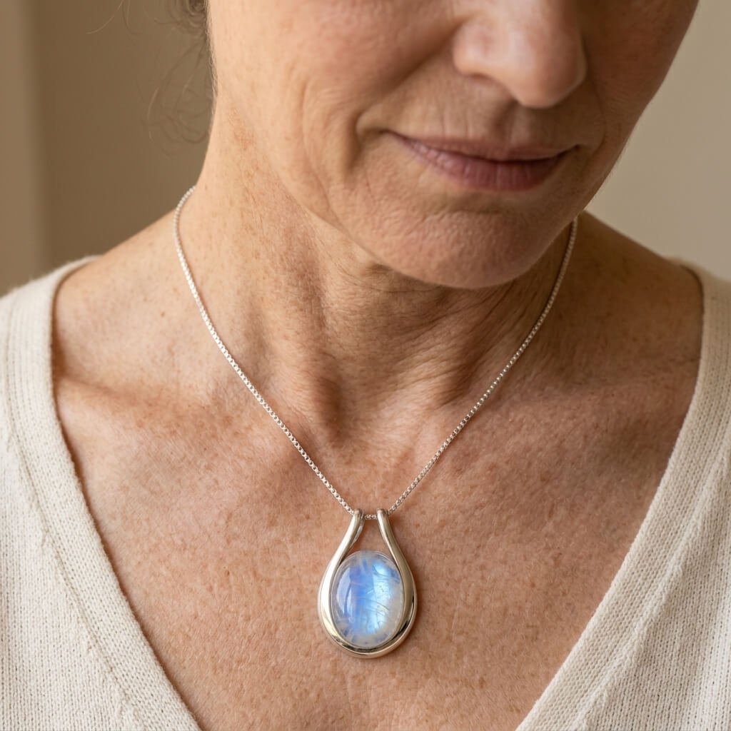 Opal-Look Teardrop Pendant Necklace with Silver-Tone Frame