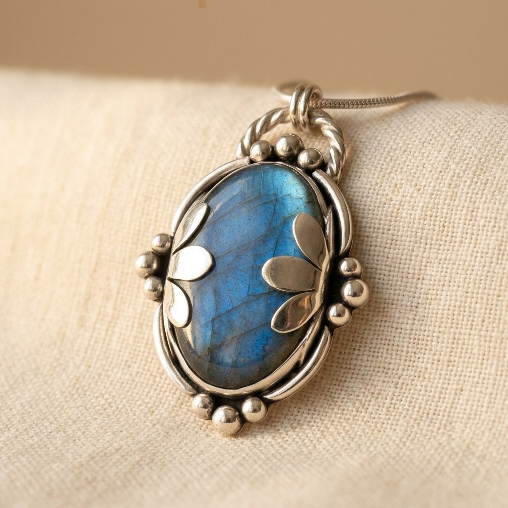 Vintage-Style Blue Stone Oval Pendant with Silver-Tone Frame