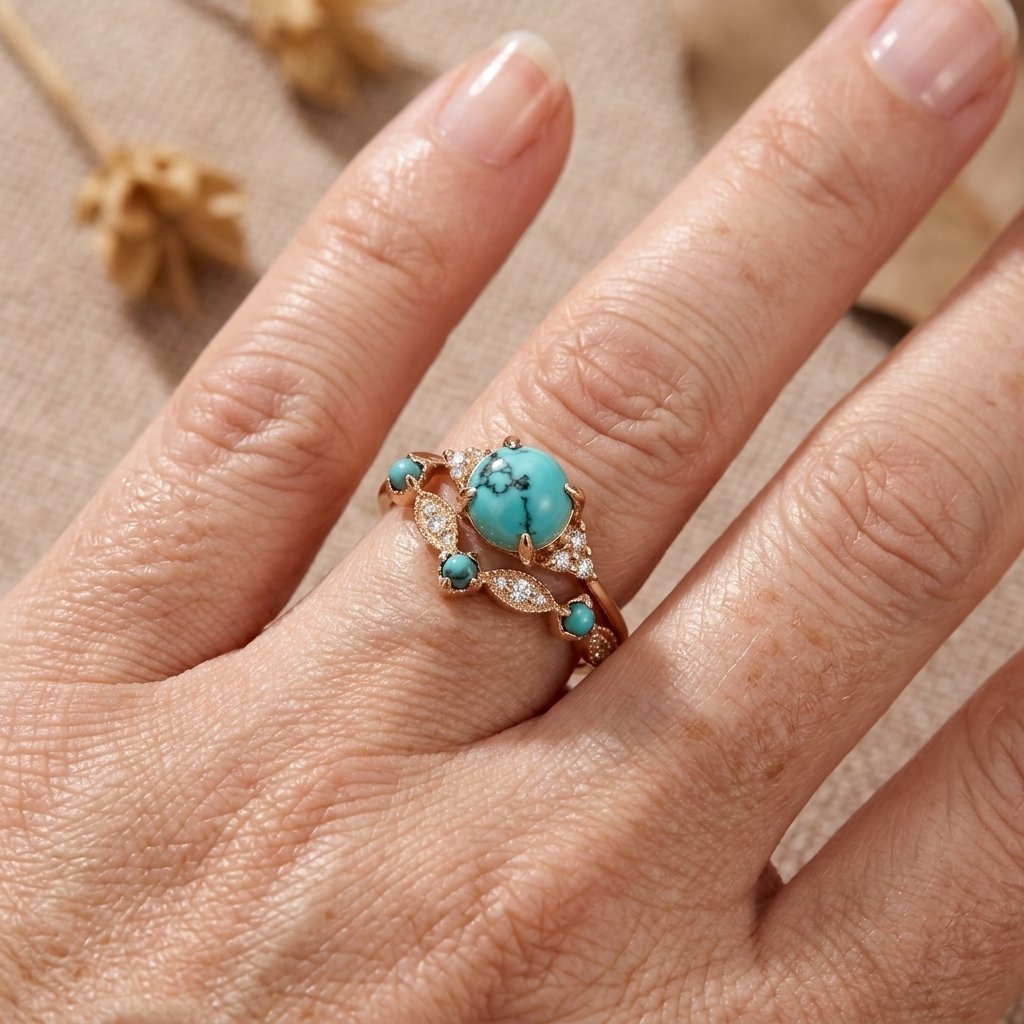 Fine Band Ring with Small Turquoise-Look Flower Stone