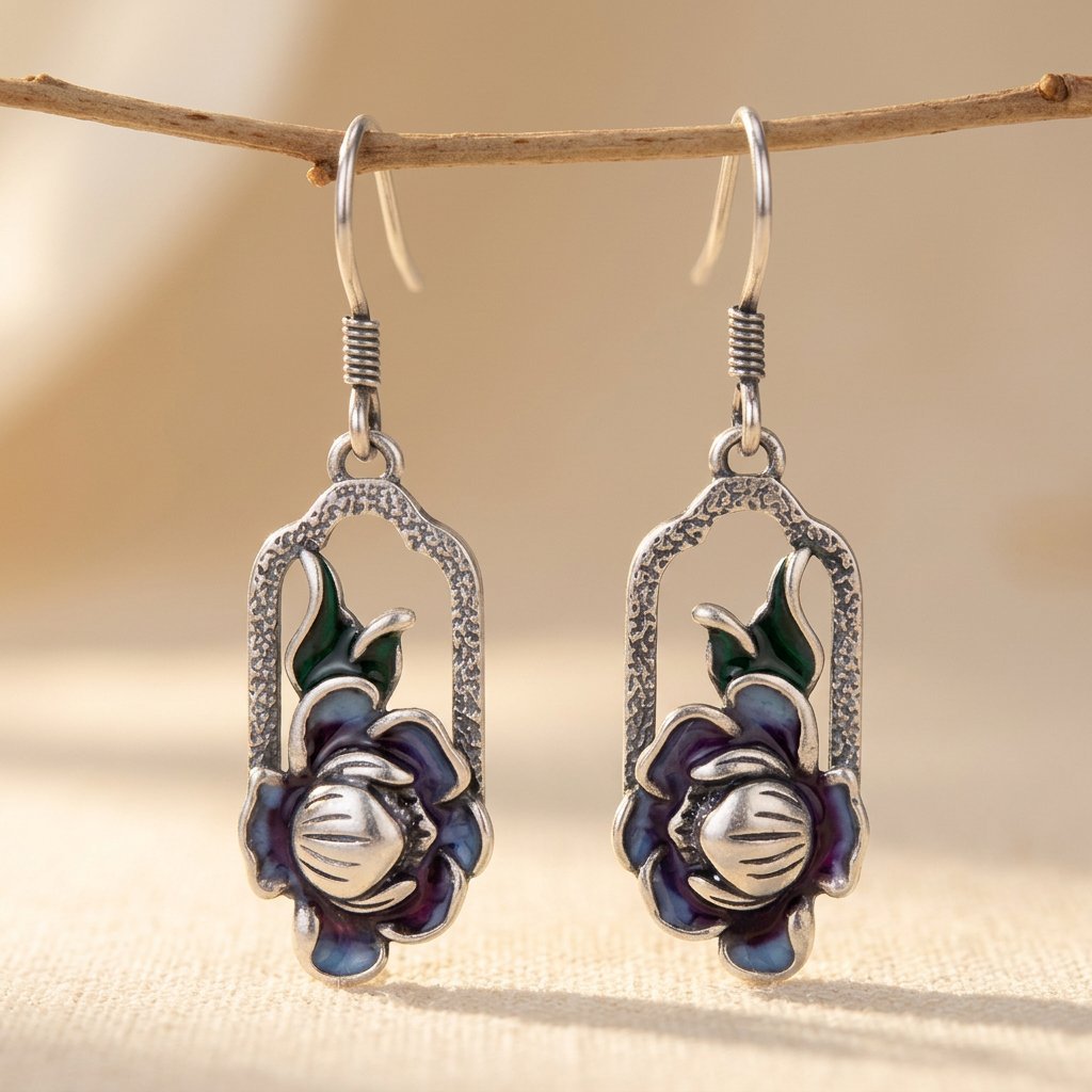Lotus Flower Silver-Tone Drop Earrings