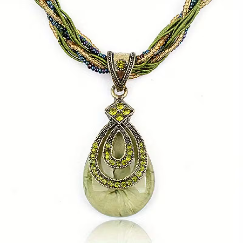 Boho Emerald-Look Drop Necklace