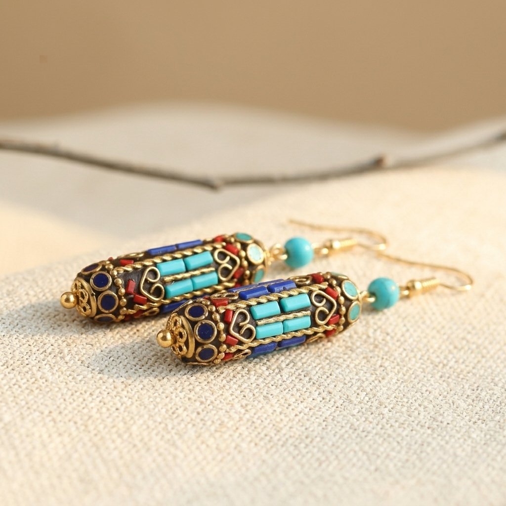 Vintage-Style Turquoise Mosaic Bead Dangle Earrings