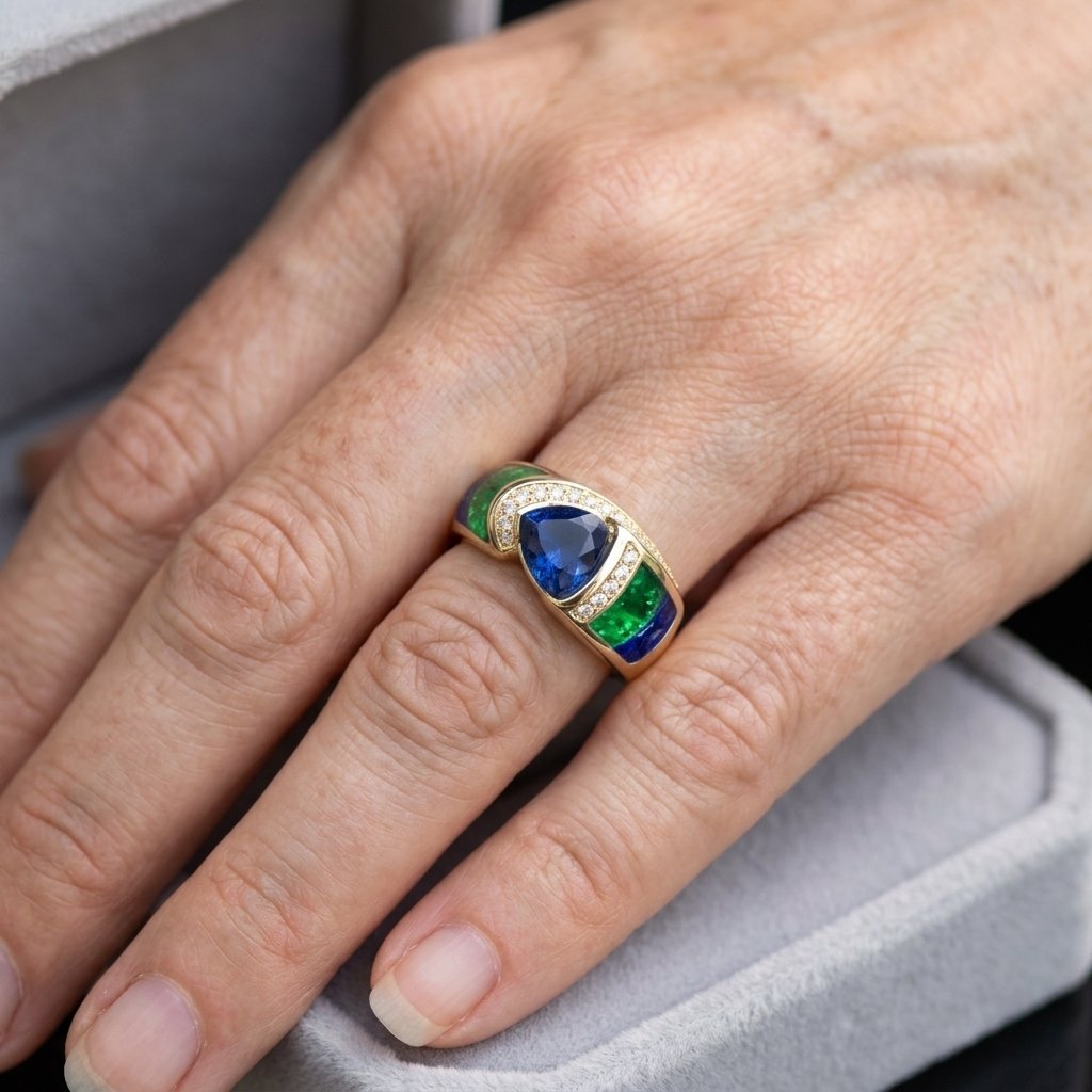 Vintage-Style Blue and Green Zirconia Gold-Tone Ring