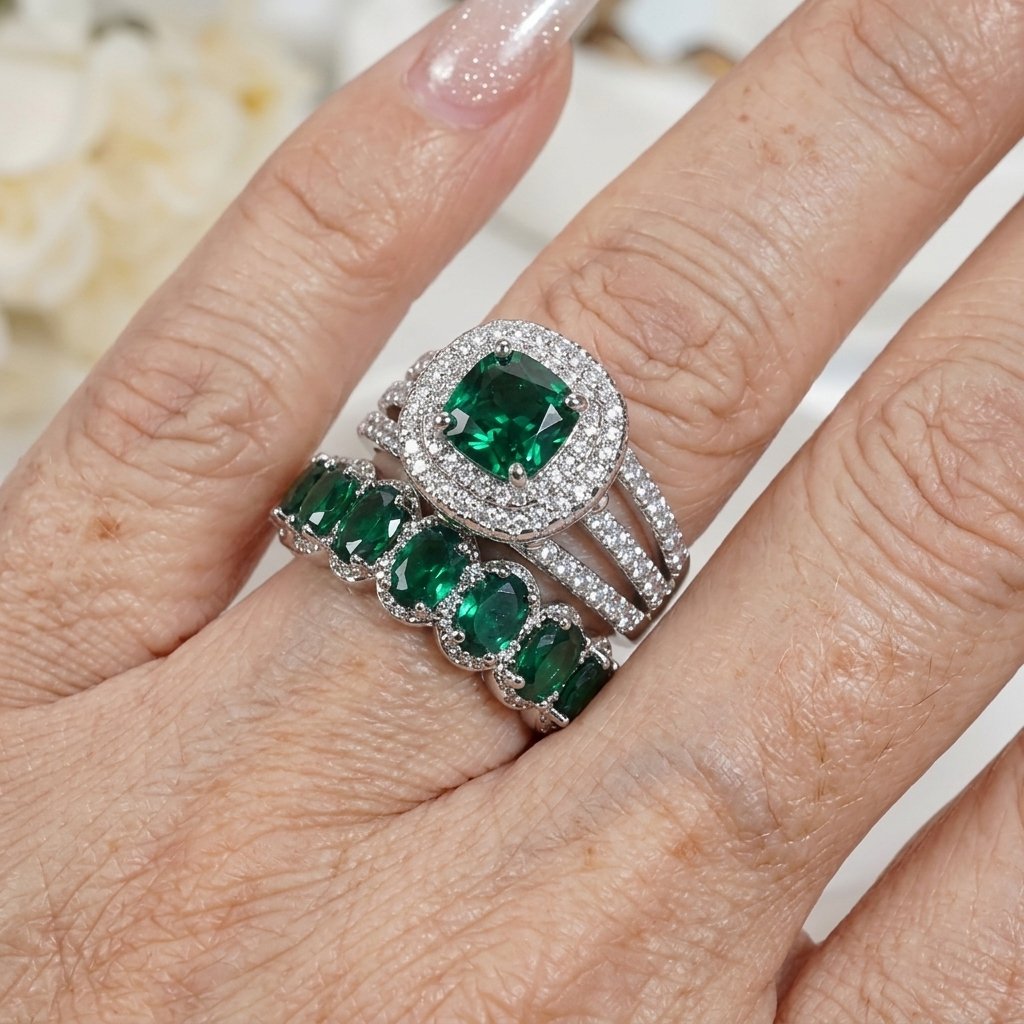 Cushion Emerald-Look Double Halo Bridal Ring Set