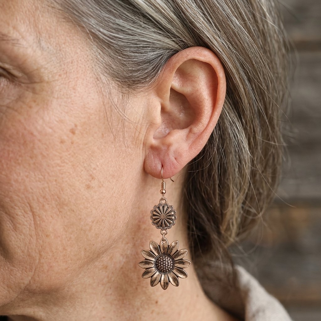 Vintage-Style Silver-Tone Sunflower Dangle Earrings