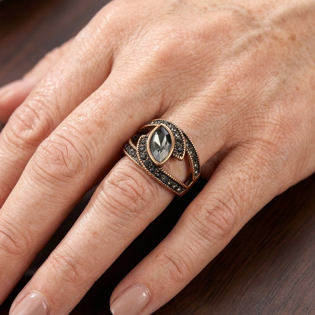 Crossover Ring with Black Marquise Crystal and Pavé Band