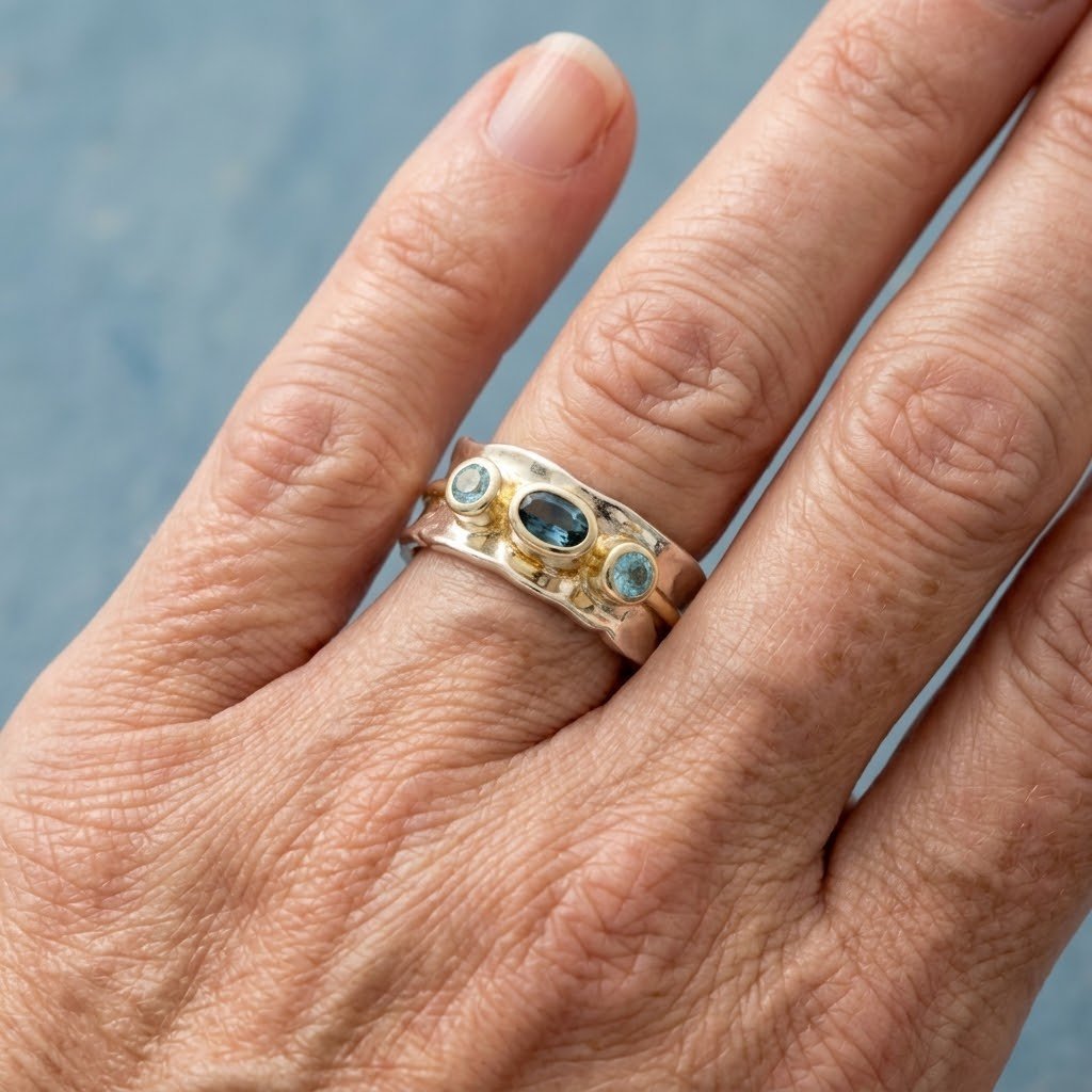 Gold-Tone Band Ring with Blue and Aqua Inlaid Stones