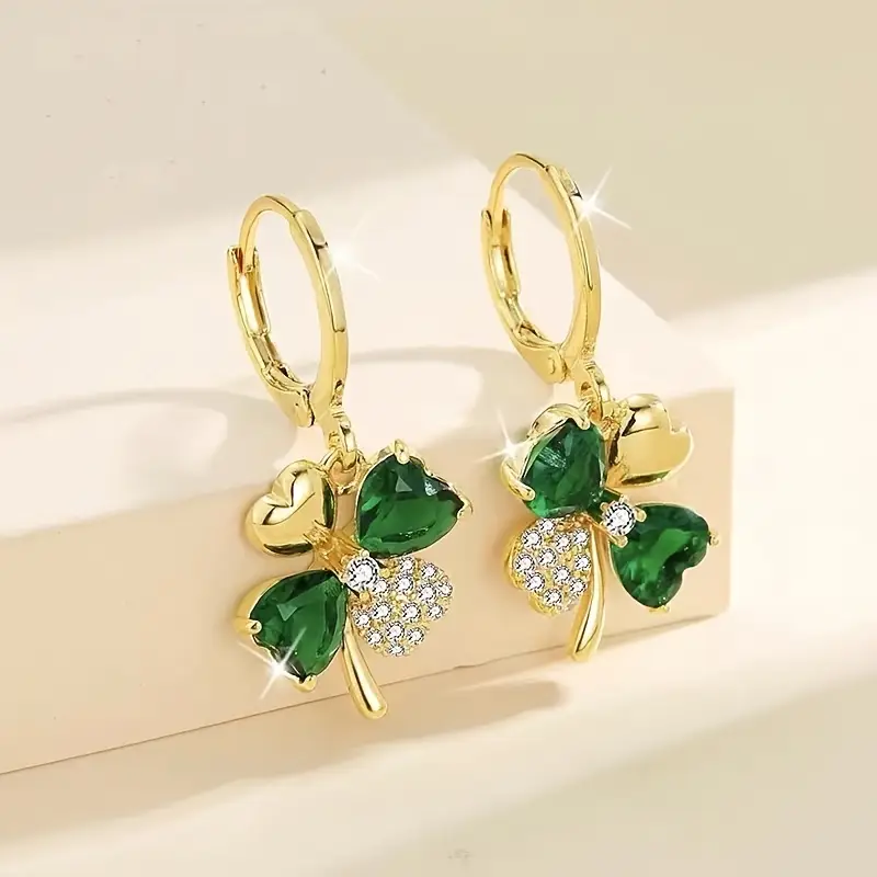 Vintage-Style Green Zirconia Flower Gold-Tone Earrings