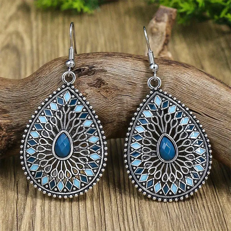 Boucles d'oreilles pendantes mandala bleues style vintage