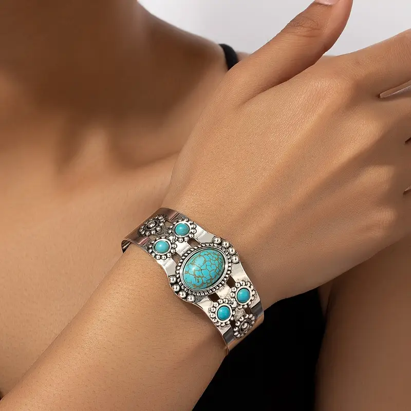 Vintage-Style Blue Opal-Look Silver-Tone Bracelet