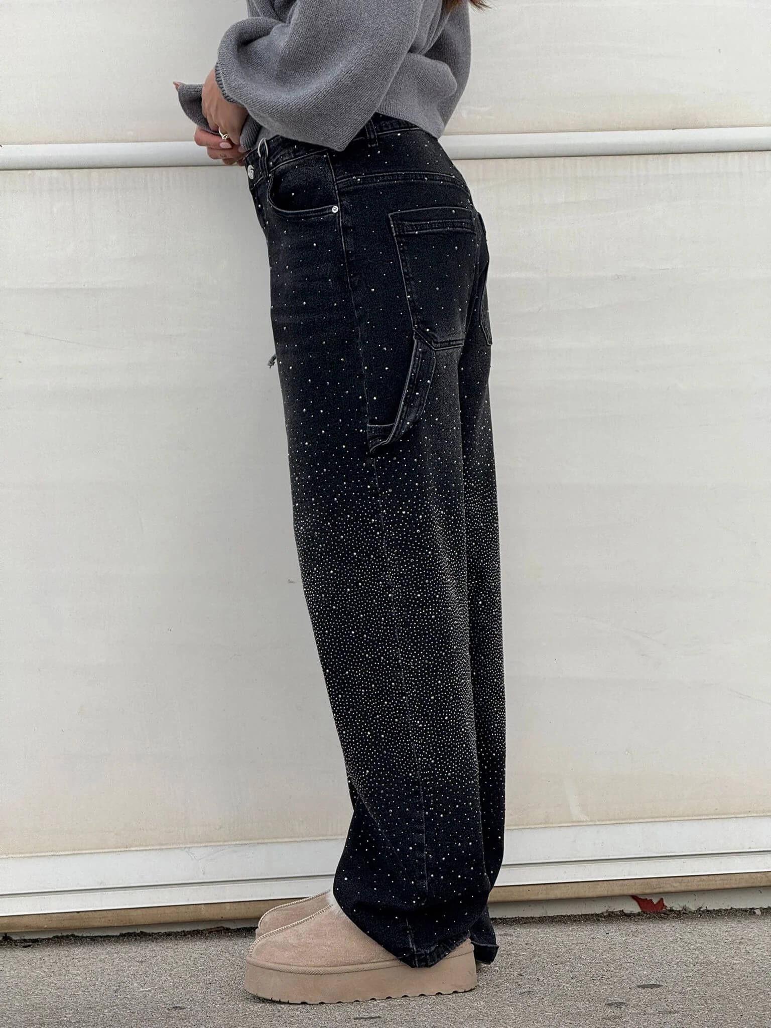 Women's Wide-Leg Jeans with Rhinestone Detail