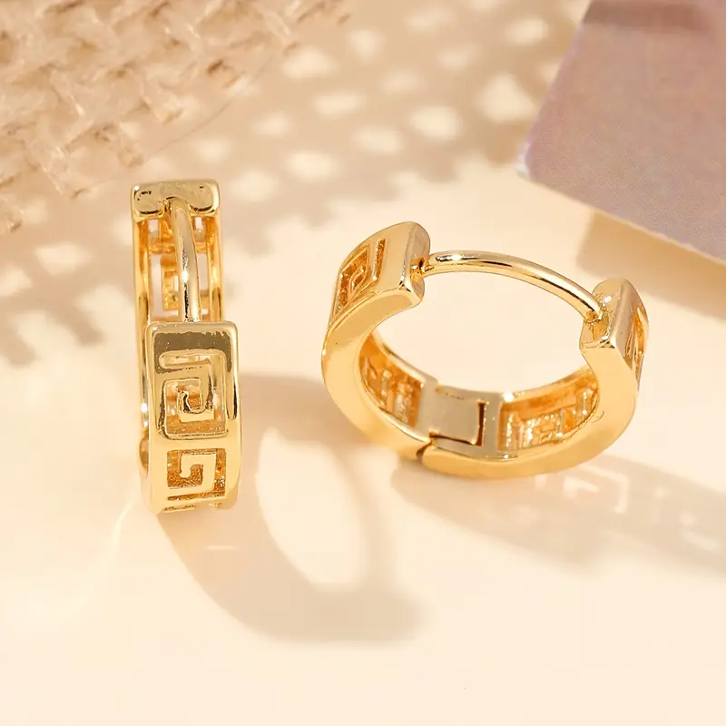 Vintage-Style Gold-Tone Greek Key Huggie Earrings