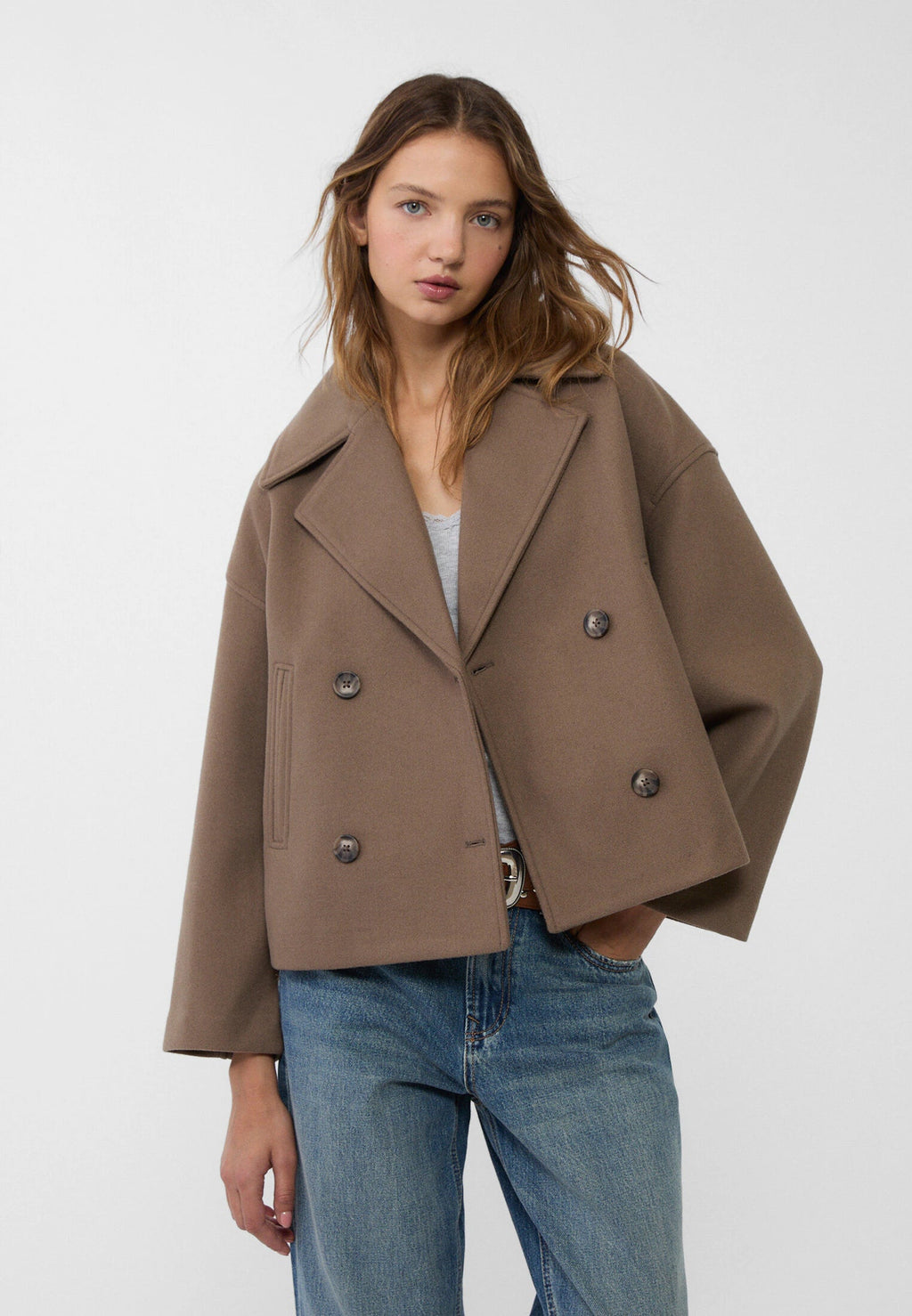 Cropped Double Breasted Jacket with Oversized Lapels and Pockets
