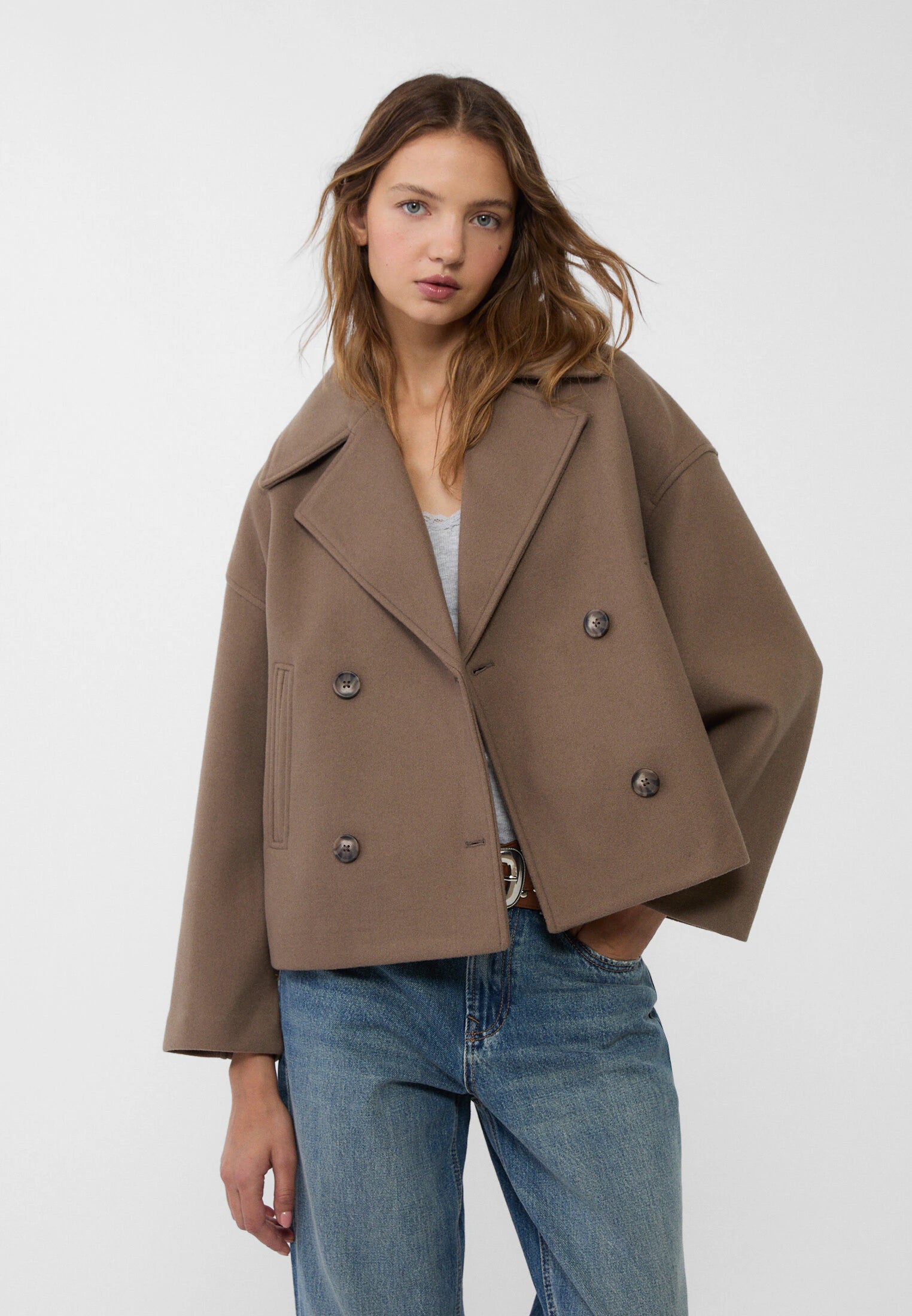 Cropped Double Breasted Jacket with Oversized Lapels and Pockets
